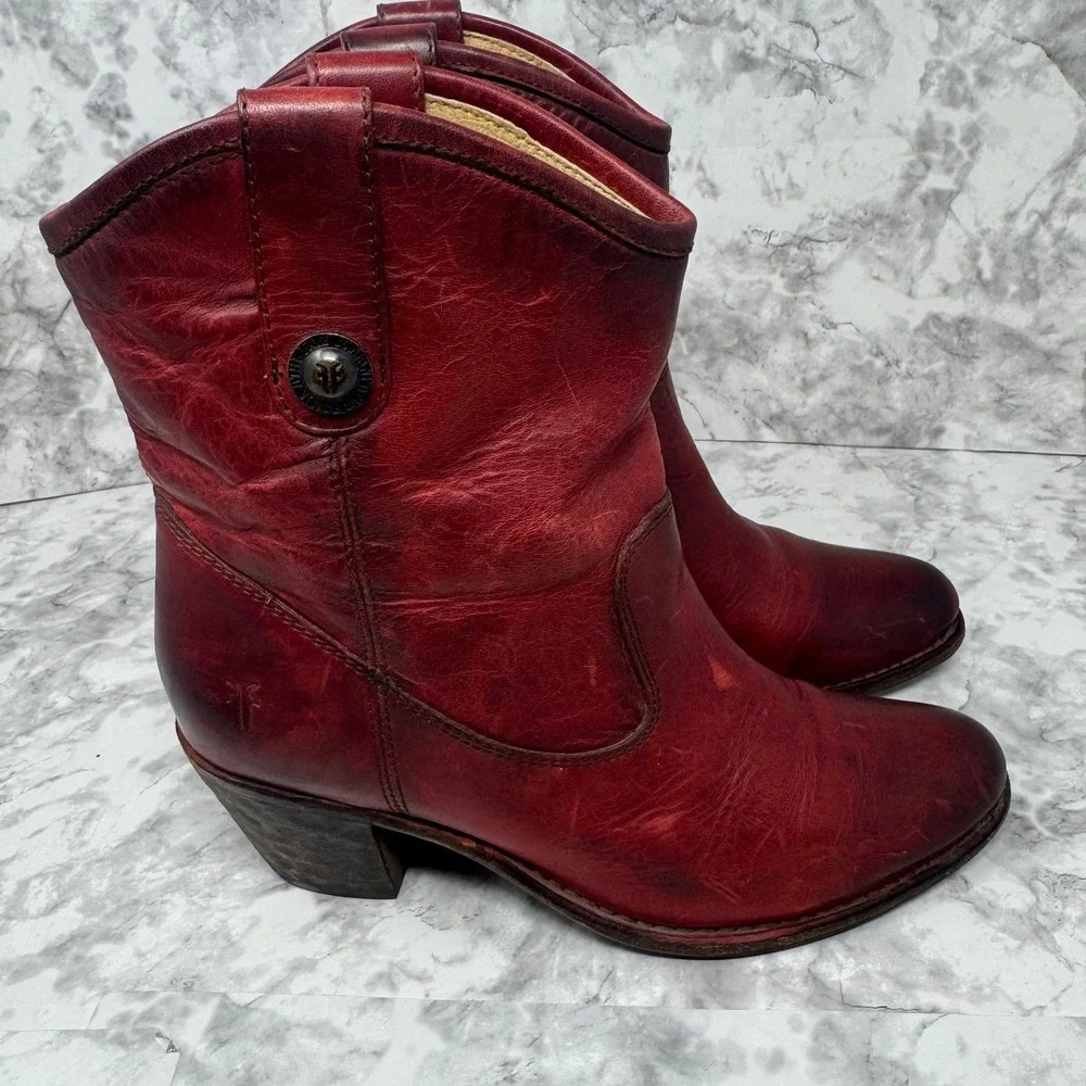 Frye Button ❤️Short‎ Red Leather Boots Boho Whimsigoth Coastal Cowgirl  festival